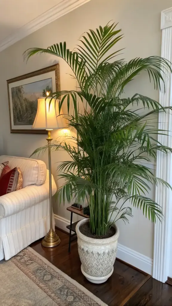 A lush, green Parlor Palm, a popular choice for House Plants Indoor, thrives in a decorative white pot, adding a touch of nature to a brightly lit living room with a white sofa, floor lamp, and artwork.