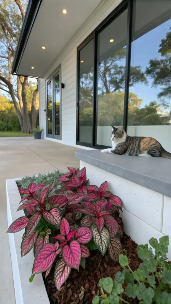 Vibrant pink and green Polka Dot Plants (Hypoestes phyllostachya) thrive in a modern outdoor planter, showcasing an attractive option for pet friendly house plants used in landscaping. A calico cat lounges contentedly on a nearby porch step, enjoying the safe and stylish exterior of a contemporary home.