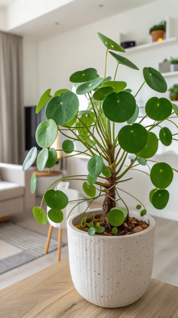 A vibrant Chinese Money Plant (Pilea peperomioides), known for its unique coin-shaped leaves, thrives in a textured white pot on a wooden table. This popular houseplant, which can adapt to various indoor conditions and is often included in discussions about low light house plants due to its preference for indirect sunlight, brightens a modern living room setting visible in the blurred background.