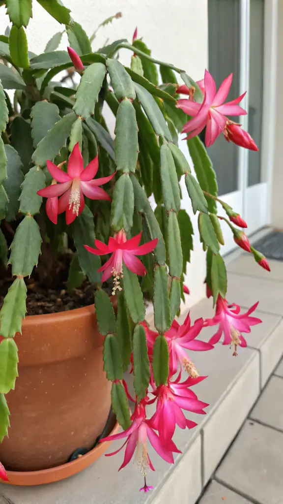 A vibrant Christmas Cactus (Schlumbergera) in full bloom, showcasing its segmented green stems and stunning, bright pinkish-red, multi-tiered flowers with prominent white stamens. This beautiful blooming succulent, a well-loved option among cat friendly house plants, is potted in a classic terracotta container and placed on a tiled outdoor step or patio near a doorway, highlighting its festive appeal and non-toxic nature for homes with pets.