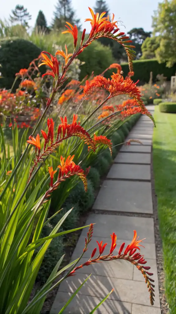 Vibrant garden scene featuring striking orange crocosmia flowers blooming along a neat stone pathway. These plants that flower all summer add a burst of warm color to the landscape, standing tall with slender green foliage that contrasts beautifully against the structured hardscape. The inviting path leads through a lush, thoughtfully designed garden filled with greenery and complementary plants, showcasing harmony between nature and design. Perfect inspiration for summer-long color and garden artistry.
