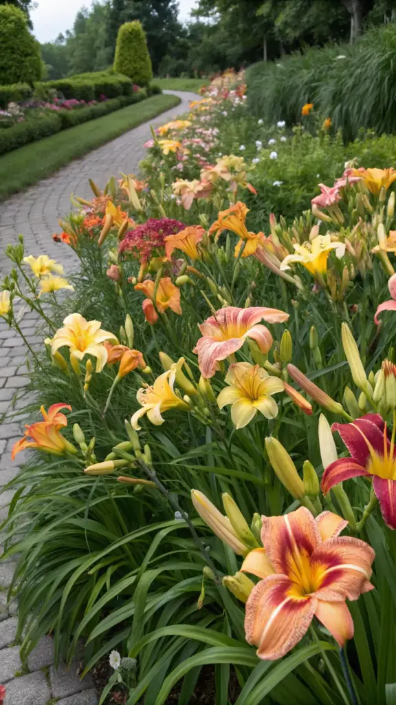 A serene garden pathway lined with vibrant daylilies, showcasing a stunning array of colors like yellow, pink, orange, and red. These full sun plants that bloom all summer create a beautiful, ever-changing floral display, symbolizing growth and the fleeting beauty of nature.