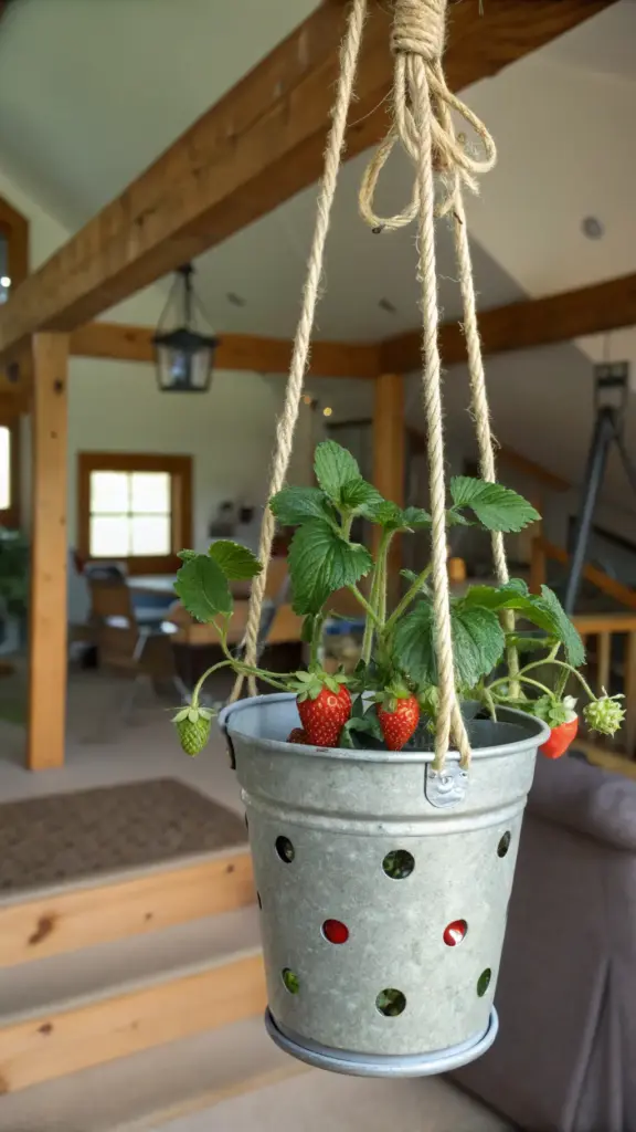 DIY hanging strawberry plants in a galvanized metal bucket with punched holes, suspended by thick jute rope indoors, showcasing green leaves and ripening red strawberries against a rustic home interior.