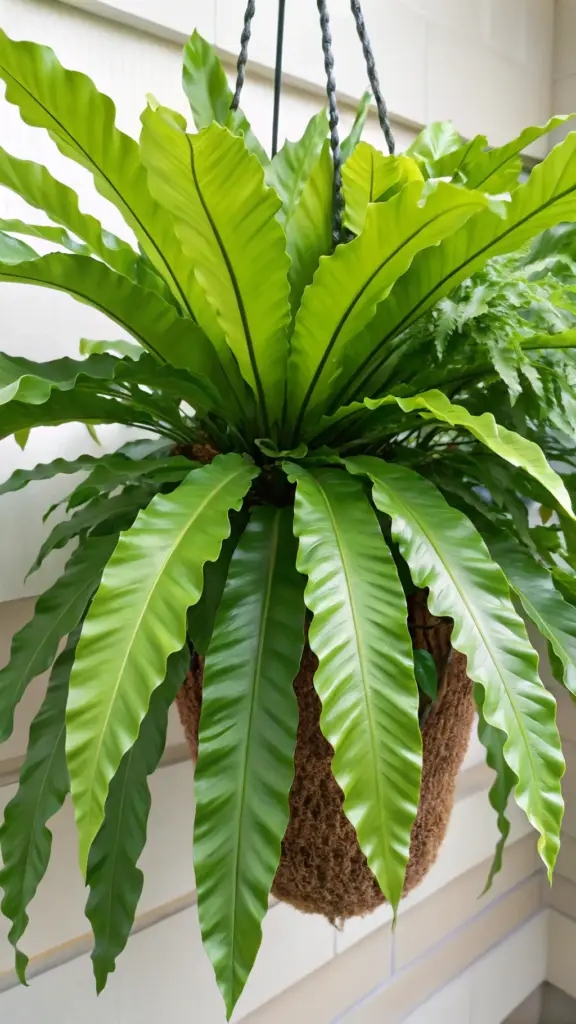 A Bird's Nest Fern (Asplenium nidus) with broad, wavy, bright green fronds forming a central rosette, a sculptural choice for hanging plants indoor, shown in a coir-lined hanging basket.