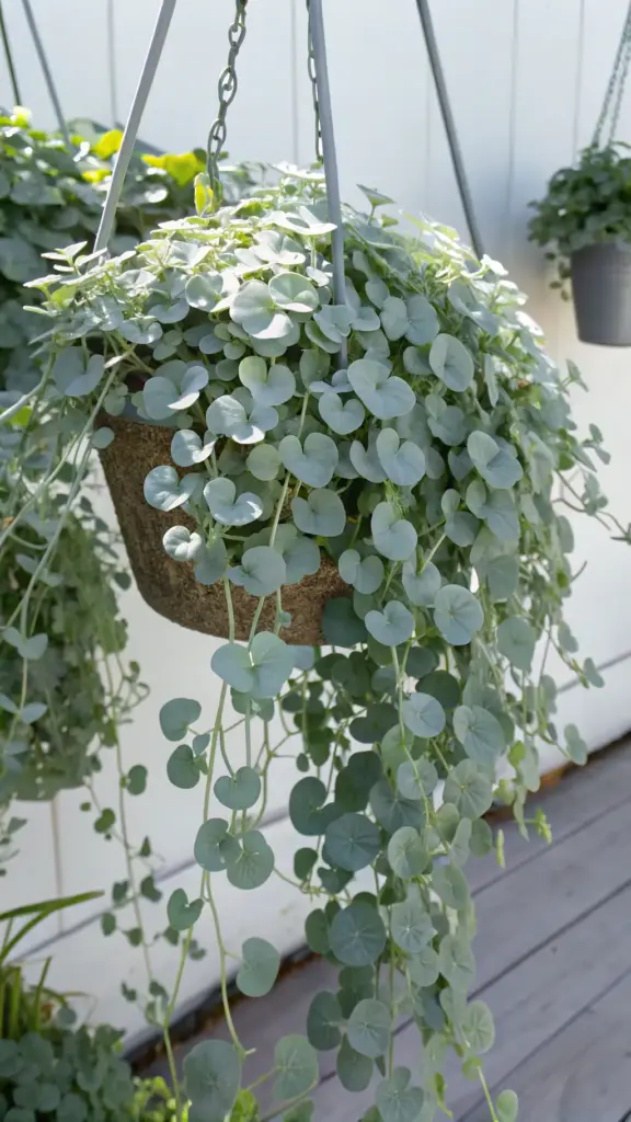 Dichondra 'Silver Falls' (Dichondra argentea) showing its stunning silvery-green, fan-shaped leaves cascading from a coir-lined hanging basket, an excellent choice for heat-tolerant hanging plants outdoor.