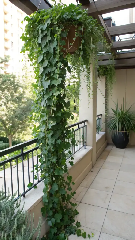 Classic English Ivy (Hedera helix) with its lush, trailing green leaves, a timeless choice for "outdoor hanging plants," shown cascading from a hanging basket in a natural outdoor setting.