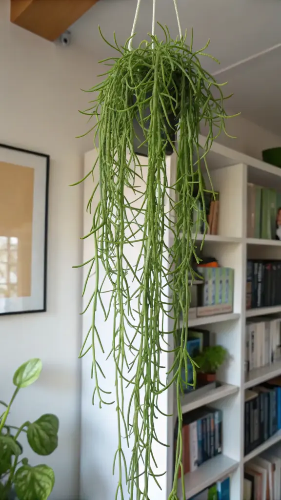 A delicate Rhipsalis (Mistletoe Cactus) with its trailing green stems, offering aesthetic and unique "hanging plants indoor ideas," displayed in a simple hanging pot against a neutral background.