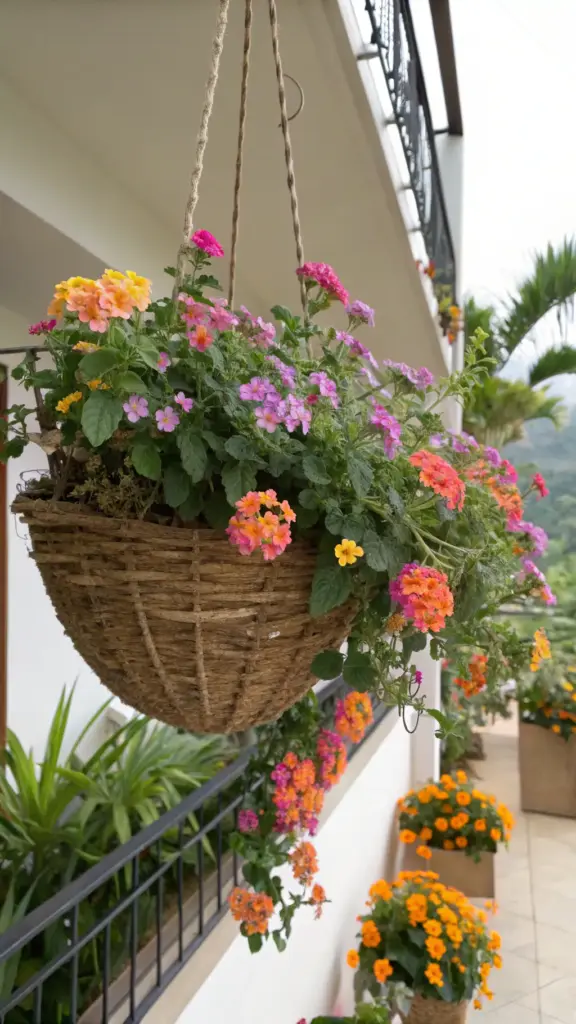 Colorful trailing lantana with pink, orange, and yellow flowers, beautiful "plants for hanging baskets," shown cascading from a large woven basket on a sunny balcony. Other pots of orange lantana are visible below.