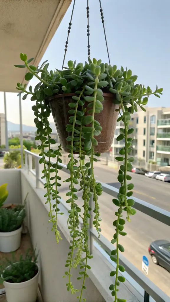 Trailing Jade Necklace plant (Crassula marnieriana) with its characteristic bead-like leaves, featured as lovely "balcony hanging plants" in a brown pot, with a sunny urban scene of streets and buildings in the background.