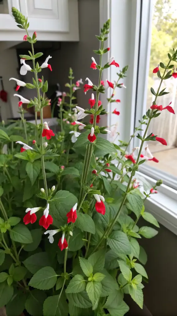 Salvia 'Hot Lips' with its distinctive red and white flowers, resilient summer plants ideal for a sunny beach garden, are shown thriving indoors by a window.