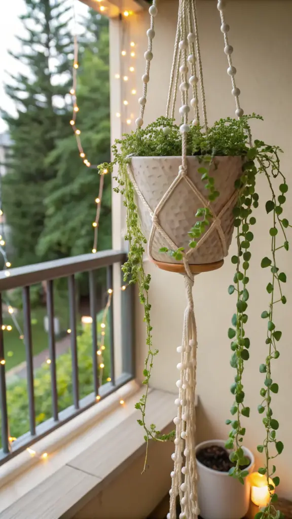 A unique String of Pearls succulent, with its characteristic trailing green beads, displayed in a textured pot held by a decorative macrame hanger, makes for whimsical balcony plants summer decor, shown here on a balcony with fairy lights and greenery in the background.