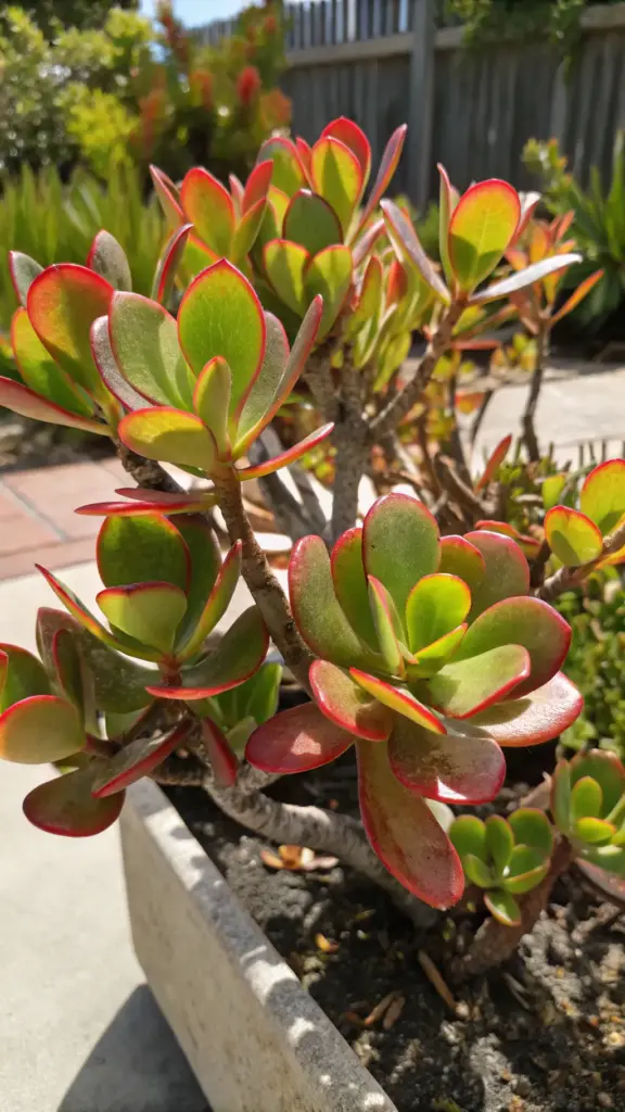 A healthy Jade Plant (Crassula ovata) with striking red edges on its succulent leaves, thriving in a sunny outdoor planter, showcasing it as one of the best indoor plants that can go outside in the summer for enhanced color and compact growth.