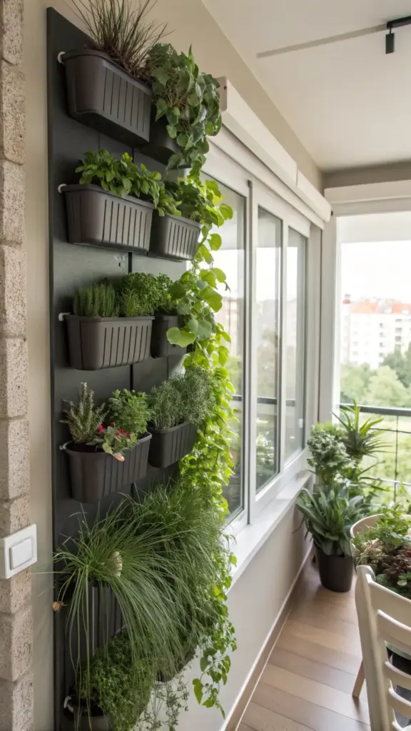 Space-maximizing vertical living wall featuring multiple tiers of black planters filled with lush herbs and greenery, creating a stunning display of "hanging plants in front of window" on a bright balcony or sunroom.