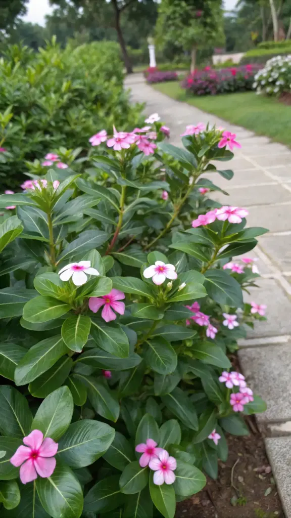 Close-up of pink and white Annual Vinca flowers with contrasting eyes, heat-tolerant summer plants full sun outdoor, lining a paved garden path with their glossy leaves.