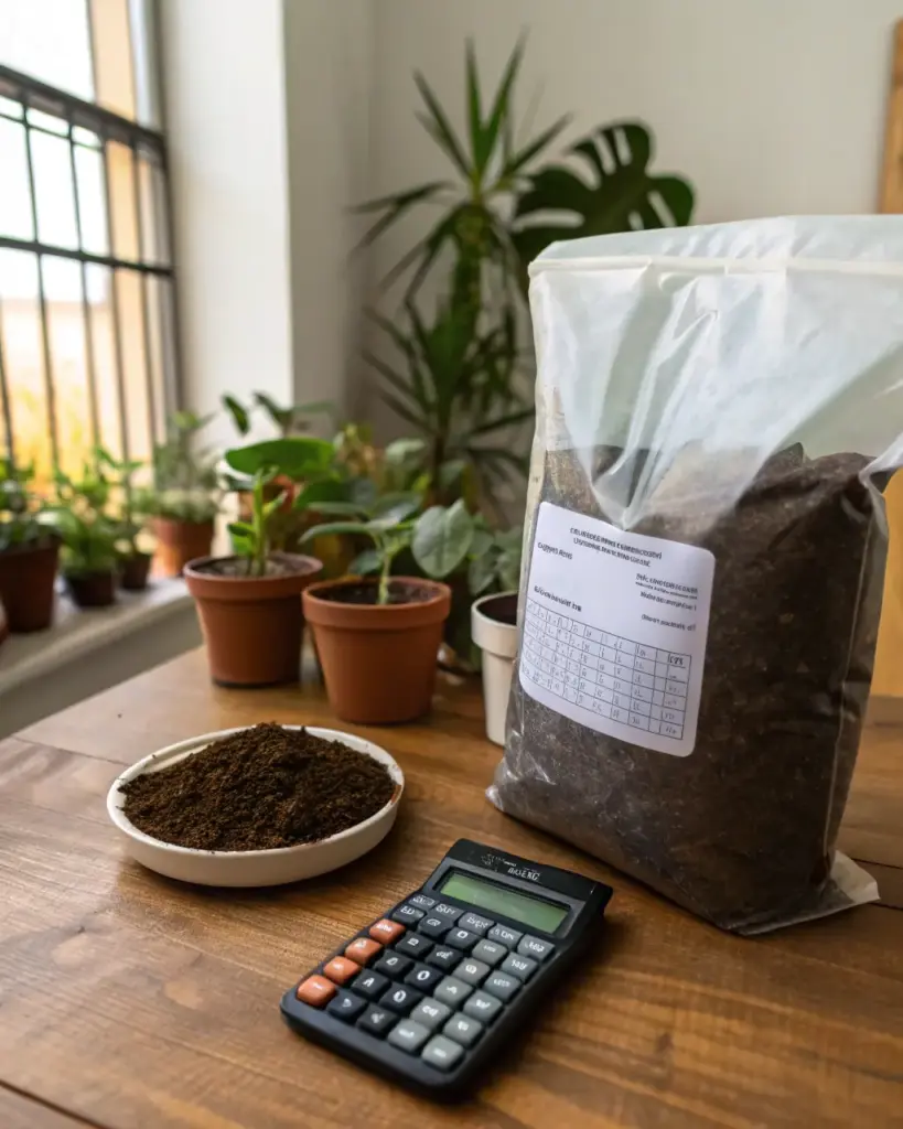 Wooden table with a bag of potting soil, several terracotta pots, a dish of loose soil, and a calculator, illustrating the concept of a Potting Soil Calculator for gardening.