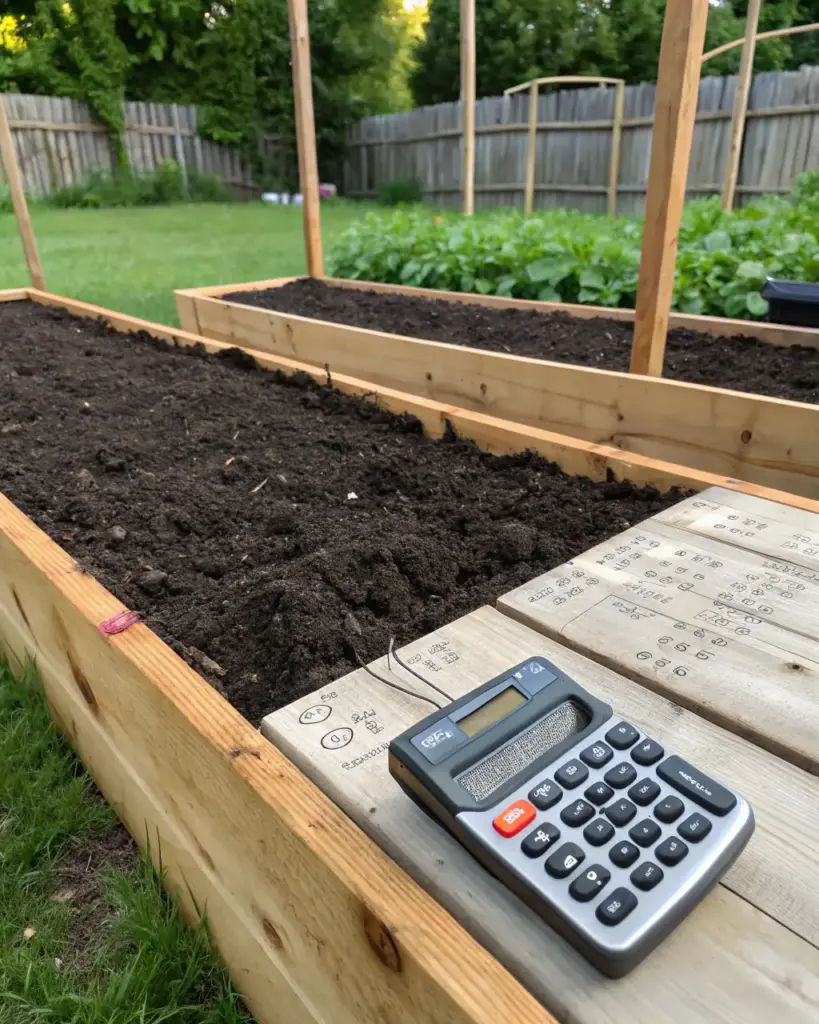 Wooden raised garden beds partially filled with dark soil, with a calculator and handwritten notes resting on the edge, illustrating the use of a Raised Bed Soil Calculator for garden planning.