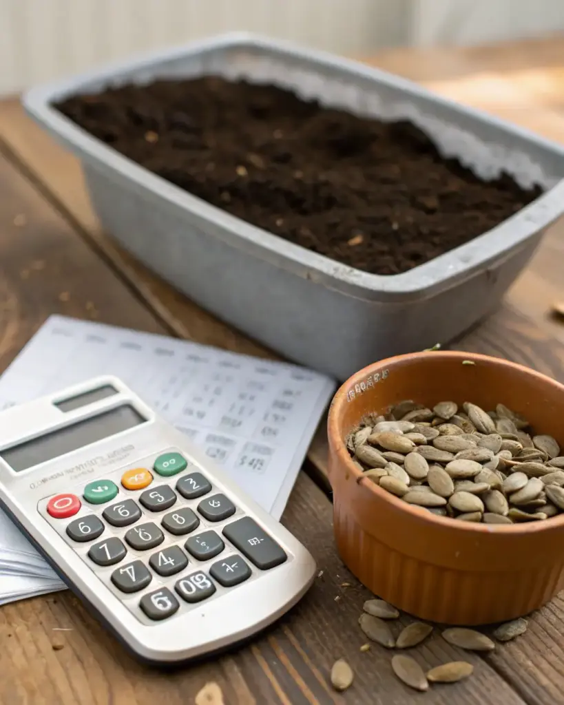 A small terracotta pot filled with pumpkin seeds, a seed starting tray with soil, a calculator, and planning notes on a wooden table, symbolizing the use of a Seed Starting Date Calculator.