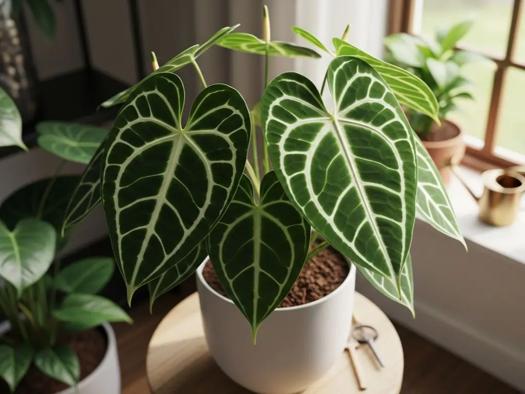 Lush Anthurium Clarinervium plant with prominent white veins on dark green, heart-shaped leaves in a white pot, ideal for learning how to Grow Anthurium Clarinervium indoors.