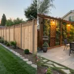 An eye-level shot captures a beautifully decorated backyard with a wooden fence. The fence, a key element of the backyard fence decor, stretches horizontally across the image, separating a well-maintained lawn with a stone-lined pathway on the left from a paved patio area on the right. Lush green plants and shrubs are strategically placed along the base of the fence, enhancing the overall aesthetic. On the right side of the image, the patio features an outdoor dining set with a table and chairs, illuminated by warm lights hanging from an overhead structure covered in climbing vines. A wooden gate, integrated into the fence line, adds to the charm of the backyard fence decor. The sky above, transitioning from a soft orange sunset on the left to a dusky blue on the right, suggests either dawn or dusk, creating a serene ambiance.