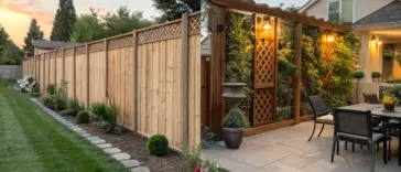An eye-level shot captures a beautifully decorated backyard with a wooden fence. The fence, a key element of the backyard fence decor, stretches horizontally across the image, separating a well-maintained lawn with a stone-lined pathway on the left from a paved patio area on the right. Lush green plants and shrubs are strategically placed along the base of the fence, enhancing the overall aesthetic. On the right side of the image, the patio features an outdoor dining set with a table and chairs, illuminated by warm lights hanging from an overhead structure covered in climbing vines. A wooden gate, integrated into the fence line, adds to the charm of the backyard fence decor. The sky above, transitioning from a soft orange sunset on the left to a dusky blue on the right, suggests either dawn or dusk, creating a serene ambiance.