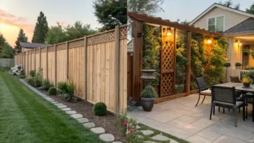An eye-level shot captures a beautifully decorated backyard with a wooden fence. The fence, a key element of the backyard fence decor, stretches horizontally across the image, separating a well-maintained lawn with a stone-lined pathway on the left from a paved patio area on the right. Lush green plants and shrubs are strategically placed along the base of the fence, enhancing the overall aesthetic. On the right side of the image, the patio features an outdoor dining set with a table and chairs, illuminated by warm lights hanging from an overhead structure covered in climbing vines. A wooden gate, integrated into the fence line, adds to the charm of the backyard fence decor. The sky above, transitioning from a soft orange sunset on the left to a dusky blue on the right, suggests either dawn or dusk, creating a serene ambiance.