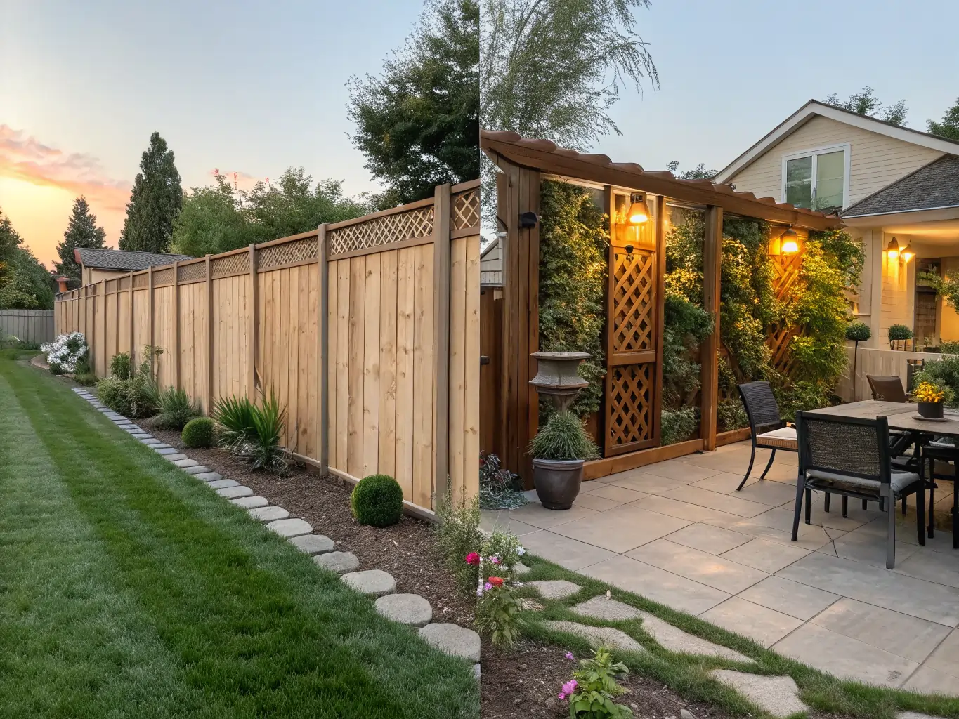 An eye-level shot captures a beautifully decorated backyard with a wooden fence. The fence, a key element of the backyard fence decor, stretches horizontally across the image, separating a well-maintained lawn with a stone-lined pathway on the left from a paved patio area on the right. Lush green plants and shrubs are strategically placed along the base of the fence, enhancing the overall aesthetic. On the right side of the image, the patio features an outdoor dining set with a table and chairs, illuminated by warm lights hanging from an overhead structure covered in climbing vines. A wooden gate, integrated into the fence line, adds to the charm of the backyard fence decor. The sky above, transitioning from a soft orange sunset on the left to a dusky blue on the right, suggests either dawn or dusk, creating a serene ambiance.