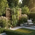 A modern backyard features a slatted wooden privacy screen with a lush vertical garden, large potted ornamental grasses, and green shrubs bordering the lawn, creating effective "Backyard Privacy Ideas From Neighbors". A cozy seating area with two armchairs and small tables sits on a light-colored patio, bathed in warm sunlight filtering through the trees.