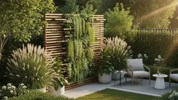 A modern backyard features a slatted wooden privacy screen with a lush vertical garden, large potted ornamental grasses, and green shrubs bordering the lawn, creating effective "Backyard Privacy Ideas From Neighbors". A cozy seating area with two armchairs and small tables sits on a light-colored patio, bathed in warm sunlight filtering through the trees.