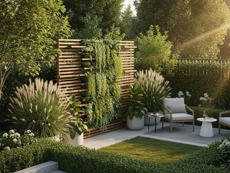 A modern backyard features a slatted wooden privacy screen with a lush vertical garden, large potted ornamental grasses, and green shrubs bordering the lawn, creating effective "Backyard Privacy Ideas From Neighbors". A cozy seating area with two armchairs and small tables sits on a light-colored patio, bathed in warm sunlight filtering through the trees.