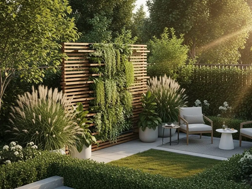 A modern backyard features a slatted wooden privacy screen with a lush vertical garden, large potted ornamental grasses, and green shrubs bordering the lawn, creating effective "Backyard Privacy Ideas From Neighbors". A cozy seating area with two armchairs and small tables sits on a light-colored patio, bathed in warm sunlight filtering through the trees.