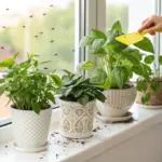 A bright windowsill hosts several potted green houseplants, unfortunately plagued by a visible swarm of gnats in house plants. A hand is shown introducing a yellow sticky trap to help control the gnat infestation, with some soil spilled on the white sill.