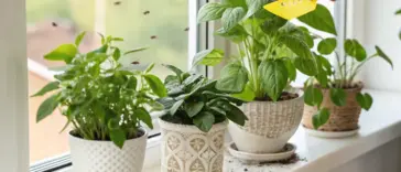 A bright windowsill hosts several potted green houseplants, unfortunately plagued by a visible swarm of gnats in house plants. A hand is shown introducing a yellow sticky trap to help control the gnat infestation, with some soil spilled on the white sill.