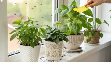 A bright windowsill hosts several potted green houseplants, unfortunately plagued by a visible swarm of gnats in house plants. A hand is shown introducing a yellow sticky trap to help control the gnat infestation, with some soil spilled on the white sill.
