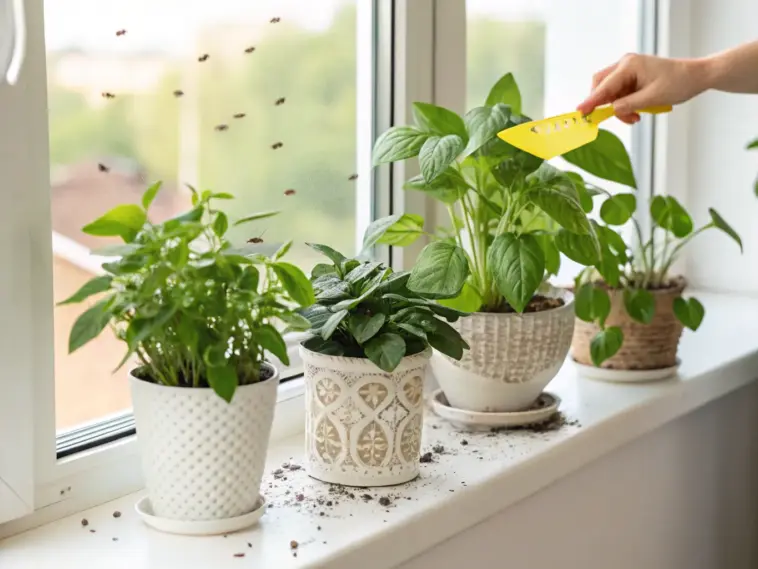 A bright windowsill hosts several potted green houseplants, unfortunately plagued by a visible swarm of gnats in house plants. A hand is shown introducing a yellow sticky trap to help control the gnat infestation, with some soil spilled on the white sill.