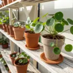A perfect example of successful Chinese Money Plant Care. A healthy Pilea peperomioides, featuring vibrant, round, coin-shaped leaves, thrives in a textured pot placed on a white wooden shelf. The scene is brightly lit with ample natural light, highlighting the ideal growing conditions. In the background, numerous other Chinese Money Plants in terracotta pots demonstrate a flourishing collection, indicative of proper care and propagation.