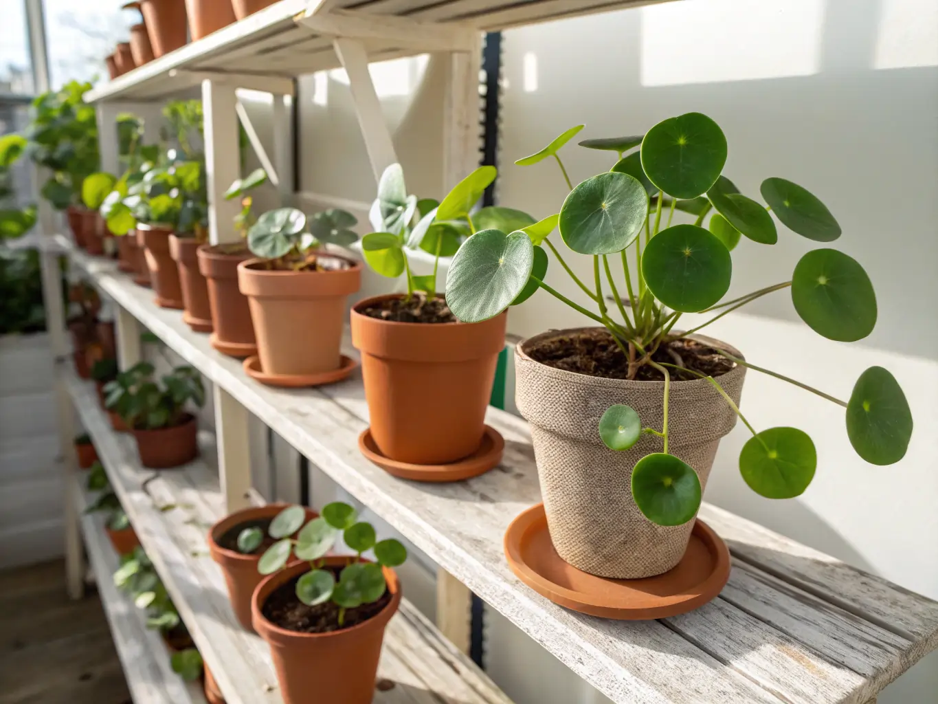 A perfect example of successful Chinese Money Plant Care. A healthy Pilea peperomioides, featuring vibrant, round, coin-shaped leaves, thrives in a textured pot placed on a white wooden shelf. The scene is brightly lit with ample natural light, highlighting the ideal growing conditions. In the background, numerous other Chinese Money Plants in terracotta pots demonstrate a flourishing collection, indicative of proper care and propagation.