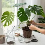 A bright, indoor scene illustrating how to propagate a Monstera plant. A person is carefully holding a healthy Monstera cutting with established roots, positioning it over a textured pot filled with soil. The large, vibrant green leaves have characteristic splits, and the surrounding white table holds various propagation supplies, including glass jars with water, scissors, and containers of potting medium, all illuminated by natural light from a nearby window.