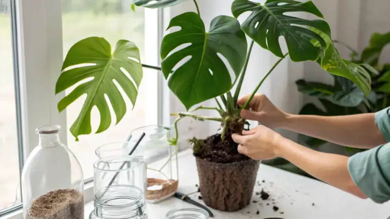 A bright, indoor scene illustrating how to propagate a Monstera plant. A person is carefully holding a healthy Monstera cutting with established roots, positioning it over a textured pot filled with soil. The large, vibrant green leaves have characteristic splits, and the surrounding white table holds various propagation supplies, including glass jars with water, scissors, and containers of potting medium, all illuminated by natural light from a nearby window.