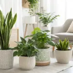 A beautifully arranged collection of healthy houseplants in stylish, modern ceramic pots on a light-colored rug. This is a perfect example of indoor plants decor living room ideas, featuring a tall snake plant (Sansevieria), a smaller dwarf snake plant, and other lush, leafy green plants. The bright, airy living room setting includes a comfortable grey armchair and soft, natural light, creating a serene and biophilic atmosphere.