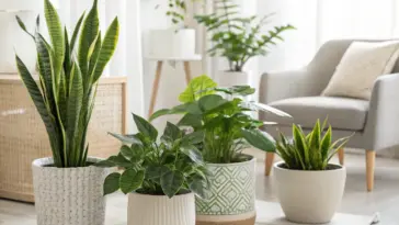 A beautifully arranged collection of healthy houseplants in stylish, modern ceramic pots on a light-colored rug. This is a perfect example of indoor plants decor living room ideas, featuring a tall snake plant (Sansevieria), a smaller dwarf snake plant, and other lush, leafy green plants. The bright, airy living room setting includes a comfortable grey armchair and soft, natural light, creating a serene and biophilic atmosphere.