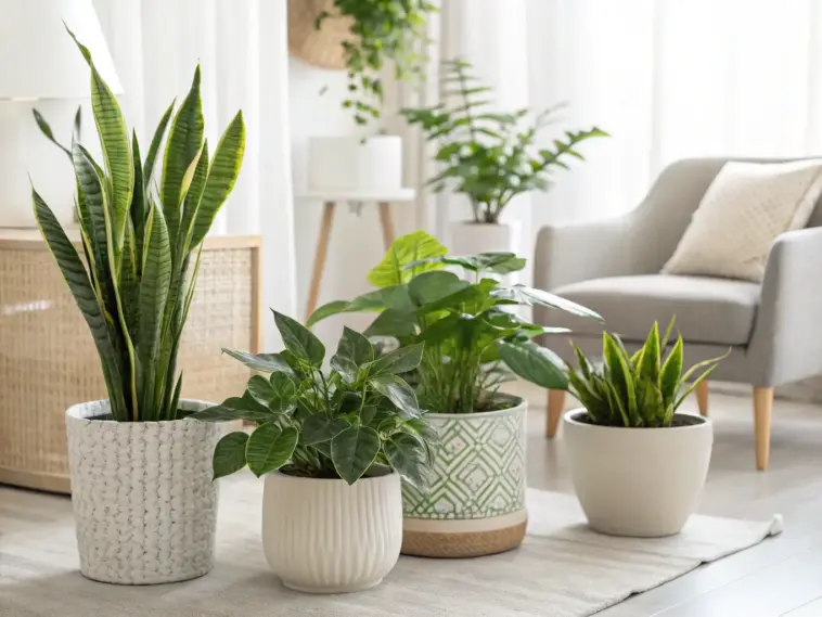 A beautifully arranged collection of healthy houseplants in stylish, modern ceramic pots on a light-colored rug. This is a perfect example of indoor plants decor living room ideas, featuring a tall snake plant (Sansevieria), a smaller dwarf snake plant, and other lush, leafy green plants. The bright, airy living room setting includes a comfortable grey armchair and soft, natural light, creating a serene and biophilic atmosphere.