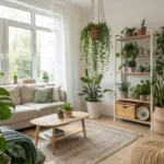 Bright and airy modern living room in a house with plants, featuring a comfortable beige sofa, a wooden coffee table, and a large window. Various green houseplants on shelves, hanging from the ceiling, and standing on the floor create a refreshing and biophilic atmosphere.