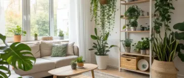 Bright and airy modern living room in a house with plants, featuring a comfortable beige sofa, a wooden coffee table, and a large window. Various green houseplants on shelves, hanging from the ceiling, and standing on the floor create a refreshing and biophilic atmosphere.