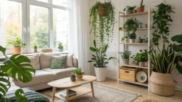 Bright and airy modern living room in a house with plants, featuring a comfortable beige sofa, a wooden coffee table, and a large window. Various green houseplants on shelves, hanging from the ceiling, and standing on the floor create a refreshing and biophilic atmosphere.