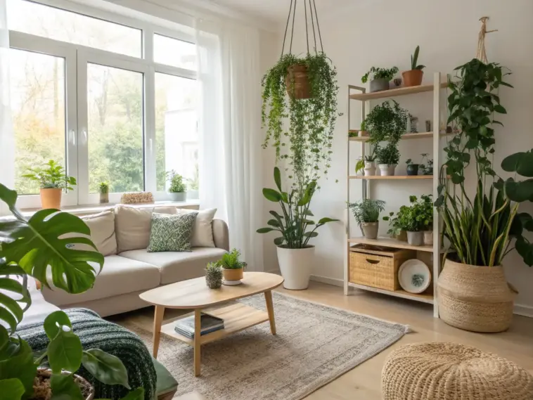 Bright and airy modern living room in a house with plants, featuring a comfortable beige sofa, a wooden coffee table, and a large window. Various green houseplants on shelves, hanging from the ceiling, and standing on the floor create a refreshing and biophilic atmosphere.