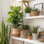 A bright, stylish interior scene showcasing beautiful artificial plants indoor decor. A variety of realistic faux plants, including a large fiddle leaf fig and several snake plants, are artfully arranged on white floating shelves in decorative woven baskets and ceramic pots next to a sunlit window.