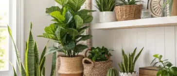 A bright, stylish interior scene showcasing beautiful artificial plants indoor decor. A variety of realistic faux plants, including a large fiddle leaf fig and several snake plants, are artfully arranged on white floating shelves in decorative woven baskets and ceramic pots next to a sunlit window.