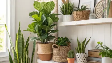 A bright, stylish interior scene showcasing beautiful artificial plants indoor decor. A variety of realistic faux plants, including a large fiddle leaf fig and several snake plants, are artfully arranged on white floating shelves in decorative woven baskets and ceramic pots next to a sunlit window.