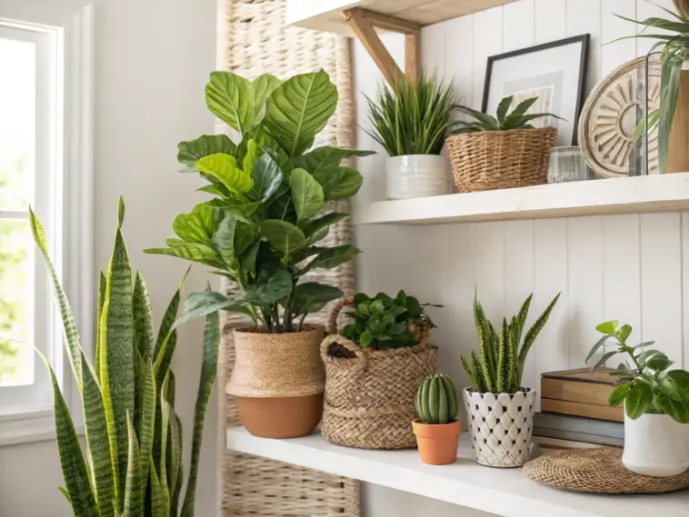 A bright, stylish interior scene showcasing beautiful artificial plants indoor decor. A variety of realistic faux plants, including a large fiddle leaf fig and several snake plants, are artfully arranged on white floating shelves in decorative woven baskets and ceramic pots next to a sunlit window.