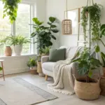 A bright, stylish living room filled with lush greenery, showcasing inspiring indoor plants decor living room ideas. A cozy off-white sofa with a green pillow is bathed in natural light from a large window. Various houseplants, including a Monstera, Fiddle Leaf Fig, and Snake Plant, are artfully arranged in woven baskets and ceramic pots on the floor, windowsill, and a decorative ladder, creating a stunning biophilic and urban jungle design.